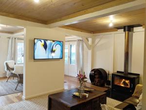 ein Wohnzimmer mit einem Kamin und einem TV an der Wand in der Unterkunft El Camino country cottage with terrace and stunning views in Hepburn Springs