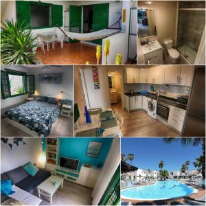 a collage of photos of a house with a pool at New central town Bungalow WiFi Netflix in Caleta De Fuste