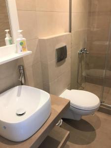 a bathroom with a toilet and a sink and a shower at Pension Sofia Amorgos-Katapola in Katapola