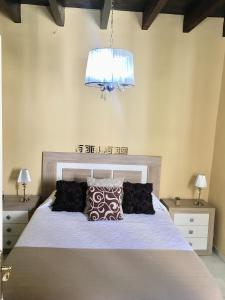 a bedroom with a large bed and a chandelier at Sweet Triana in Seville