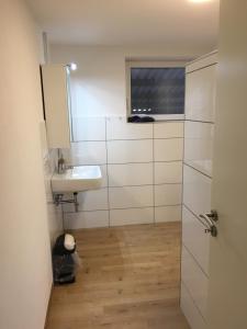 a small bathroom with a sink and a mirror at Ferienwohnung Reh in Bad Rappenau