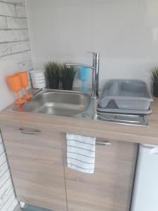 a kitchen counter with a sink and some plants at Dobranocka - pokoje i całoroczne domki blisko Energylandii in Zator +66 photos