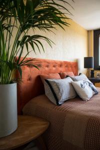a bedroom with a bed with a potted plant at CHAMBRE AVEC VUE in Domessin