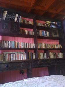 una estantería llena de libros junto a una cama en Hostal Casa Galerna de La Montaña, en San José de Maipo