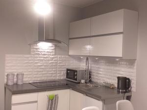 a kitchen with a sink and a microwave at Domki w BOSZKOWIE in Boszkowo