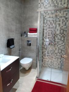 a bathroom with a shower and a toilet and a sink at Très haut standing piscine, plage + Netflix in Agadir