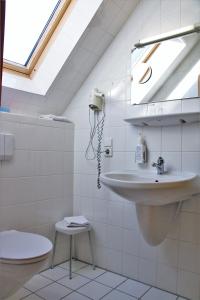 ein Bad mit einem Waschbecken, einem WC und einem Fenster in der Unterkunft Historisches Landhotel Studentenmuehle in Nomborn