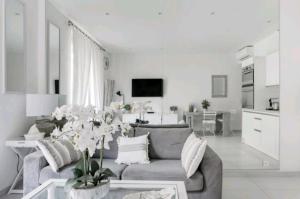 ein Wohnzimmer mit einem grauen Sofa und einem Tisch in der Unterkunft PALAIS MIRAMAR CROISETTE APART 1 MIN CARLTON in Cannes