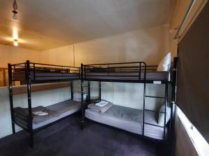 a room with three bunk beds in a room at Uenuku Lodge in Auckland