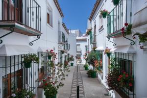 an alley in an old town with potted plants at Apartamento Costa Galera DUPLEX PENTHOUSE in Estepona