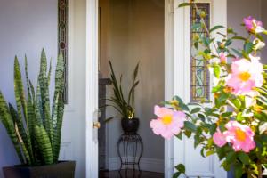 a bunch of flowers sitting in a doorway at Camellia Cottage in Cessnock