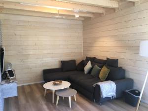 a living room with a couch and a table at Chalet Rotbuche in Potsdam