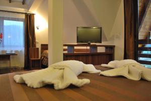 sala de estar con 2 toallas blancas en el suelo en Pensiunea Sami, en Gura Humorului