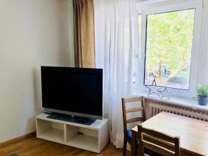 un salon avec une télévision, une table et une fenêtre dans l'établissement Apartment Mida, à Fribourg-en-Brisgau