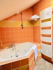 een badkamer met een bad met oranje tegels bij Le Haut Allier in Alleyras
