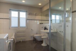 La salle de bains est pourvue de toilettes, d'un lavabo et d'une douche. dans l'établissement Penthouse im Dorf, à Sankt Peter-Ording