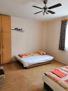 een slaapkamer met 2 bedden en een plafondventilator bij Holiday Home Scamard in Zamárdi