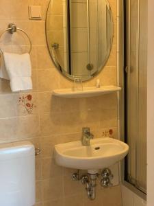 a bathroom with a sink and a mirror on the wall at Hotel Jeong in Moers