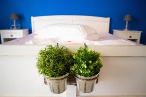two potted plants sitting on the side of a bed at Terra Del Sole in Trani