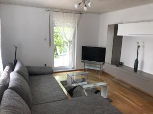 ein Wohnzimmer mit einem Sofa und einem TV in der Unterkunft Obere Kellerstraße Haus 3 in Forchheim