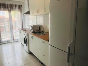 cocina blanca con fregadero y lavavajillas en Apartamento Puente Romano P1-1B, en Salamanca