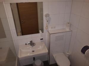 een badkamer met een wastafel, een toilet en een spiegel bij Haus Piesendorf in Piesendorf