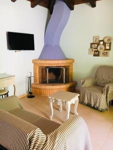 Ilaeira Mountain Resort في Tóriza: غرفة معيشة مع موقد وتلفزيون