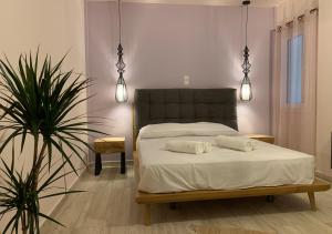 a bedroom with a bed with two pillows on it at Iliovasilema in Platy