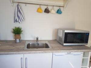 a kitchen counter with a microwave and a sink at Casita Las Melosillas in Casabermeja