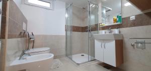 a bathroom with a shower and a toilet and a sink at Apartment Alpska Astra in Kranjska Gora