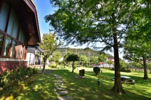 a grassy yard next to a building with a tree at TFG B&B in Lugu Lake