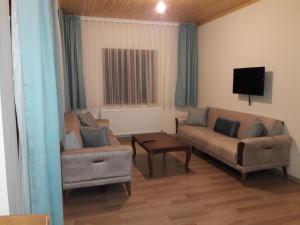 een woonkamer met een bank en een tv bij salegan apart in Uzungol