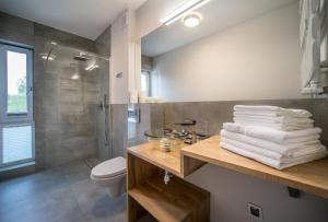 a bathroom with a sink and a toilet and a shower at Apartamenty Pod Żaglami in Dziwnówek +84 photos