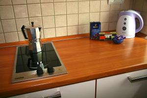 a coffee maker on a counter in a kitchen at Great view apartaments near Lavra in Kyiv