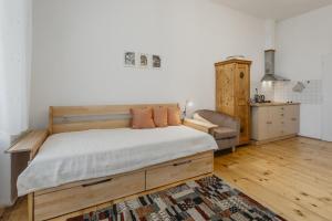 1 dormitorio con 1 cama grande y cocina en Apartmán 3, Suvorovova 158, en Český Brod