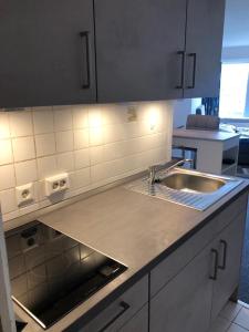 uma cozinha com um lavatório e uma bancada em Ferienwohnung ADARO em Schleswig