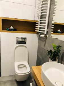 La salle de bains est pourvue de toilettes blanches et d'un lavabo. dans l'établissement Modern Flats, à Kielce