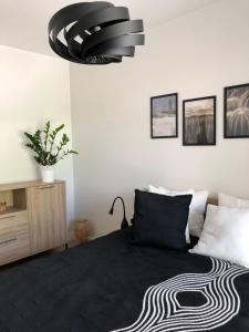 - une chambre avec un lit noir et un tapis noir et blanc dans l'établissement Modern Flats, à Kielce