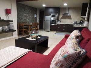 ein Wohnzimmer mit einem roten Sofa und einer Küche in der Unterkunft Apartamento AGRELO in Bueu