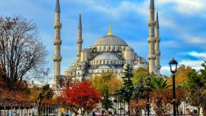 um edifício com duas cúpulas azuis e duas mesquitas em Vizyon Hotel em Istambul