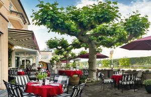 a patio with tables and chairs and a tree at Rhein-Hotel Nierstein in Nierstein