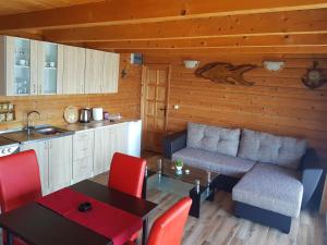 a kitchen and living room with a table and a couch at Summer Holiday House MM in Ulcinj
