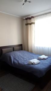 a bedroom with a blue bed with two towels on it at Apartament Prima in Reda