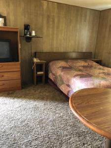 um quarto com uma cama, uma mesa e uma televisão em Coronado West Motel em Lindsborg