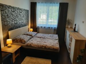 Un dormitorio con una cama grande y una ventana en Apartmán pod hradem en Znojmo