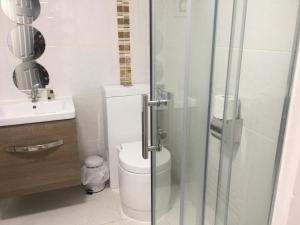 a bathroom with a toilet and a glass shower at Elris Essex House in Clacton-on-Sea