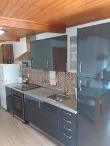 a kitchen with a black refrigerator and a sink at Casa da Moleira in Amares