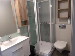 uma casa de banho com um chuveiro, um WC e um lavatório. em 43 Oscarsgate em Vadsø
