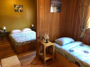 two beds in a room with wooden walls and wooden floors at Half Moon Guest House in Clearwater +35 photos