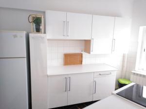 a kitchen with white cabinets and a refrigerator at Junto a la Plaza Mayor II in Salamanca